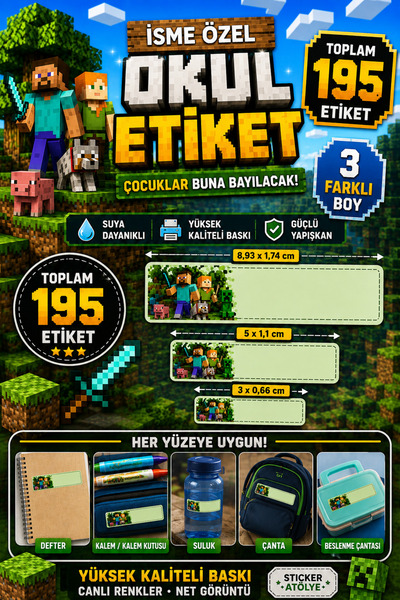 StickerAtölye İsme Özel 195 Adet - 3 Farklı Boyutta Okul Etiketi Piksel