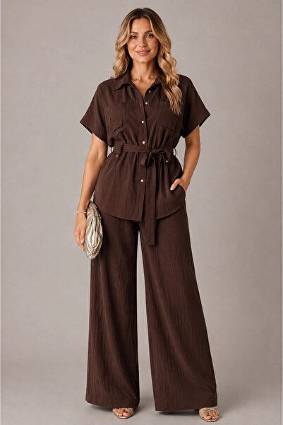 MetuCA Women's Brown Stone Buttoned Linen Double Suit Belted Wide Leg Trousers