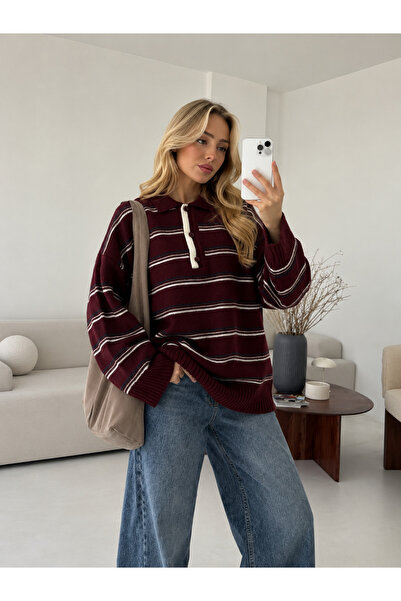 Butik Women's Burgundy Polo Collar Striped Oversize Knitwear Sweater Nns013