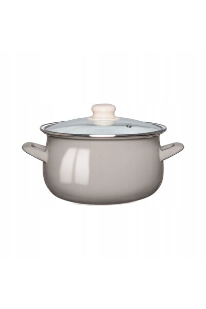 NO BRAND Oală emailată de 18 cm cu capac de sticlă, 1,9 L, culoare taupe