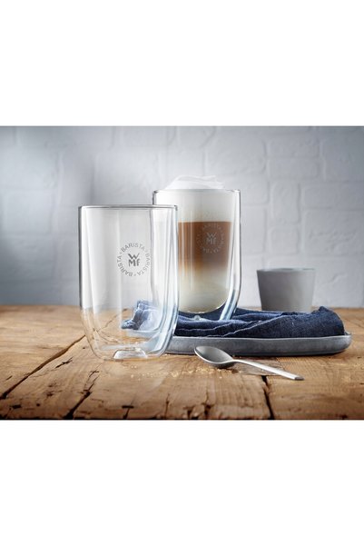 WMF Set de 2 căni de sticlă termice pentru cafea latte, 280ml, cu fund dublu,...