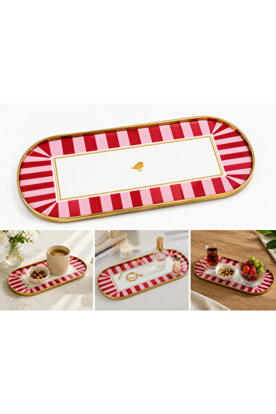 ela777 Pink Red Gold Striped Decorative Presentation Tray 🌸 ✨   30X13 cm – P...