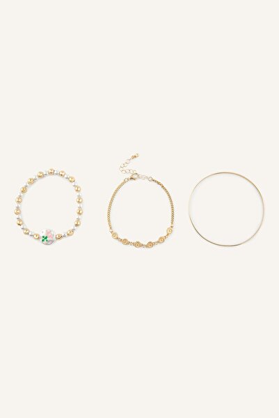 DeFacto Women's 3-Piece Floral Figured Beaded Chain Bracelet I1344Axns