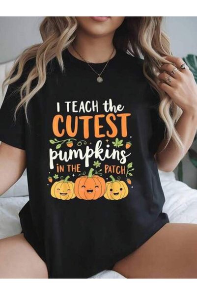 2BIR تي شيرت نسائي بطباعة "Teacher I Teach Cutest Pumpkins In The Patch"، تي ...