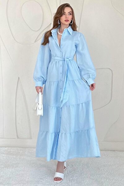ELBEE Blue Buttoned Line Patterned Dress