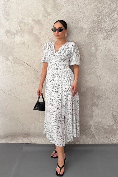 Elbee Fashion Woman Λευκό φόρεμα με πουά και γιλέτα