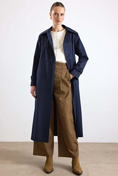 Olcay Removable Scarf Water-Repellent Trench Coat Dark Blue 6887
