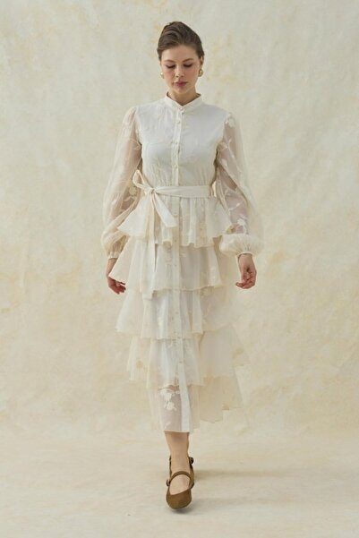 ELBEE Beige floral embroidered layered chiffon dress