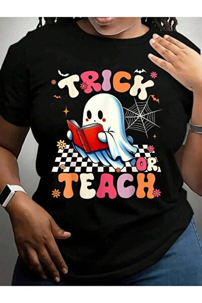 kai22 تي شيرت Groovy Teacher Retro Trick Or Teach Floral Ghost Halloween Blac...