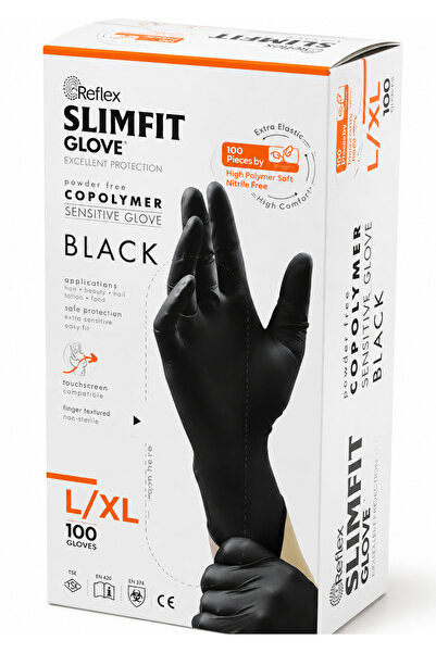 YANARLAR REFLEX Slimfit Siyah Pudrasız Muayene Eldiveni L-XL 100’lü – Tek Kul...