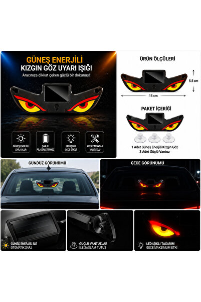 yıldırımotoaksesuar Güneş Enerjili Şarjlı LED Kızgın Göz Araç Cam Süsü – Sola...