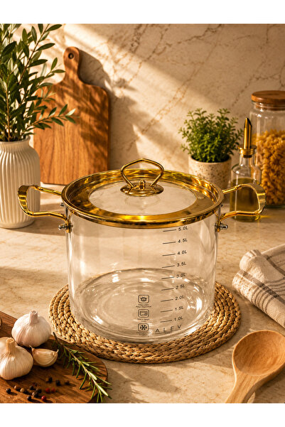 ALEV EMAYE Cam Tencere Gold Kapaklı 5.5 Litre Isıya Dayanıklı Ölçü Çizgili