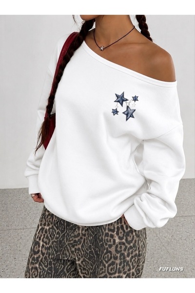 FUFLUNS Mini Chain Star Printed Oversize Women's Boat Neck Sweatshirt
