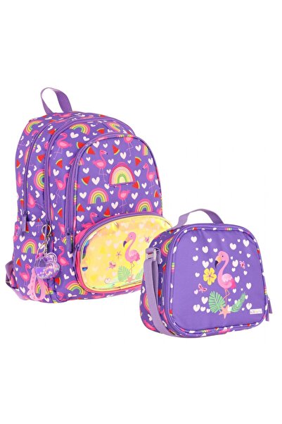KAUKKO Kids Purple Pink Flamingo Patterned Girls Backpack and Lunch Box Set -...