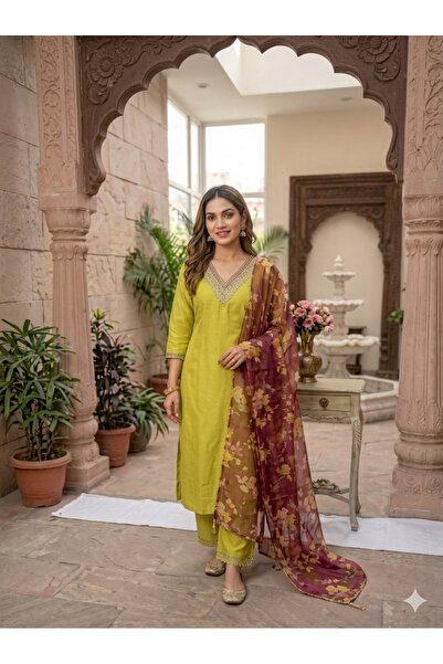 MYSMAR Yellow Cotton-Silk Straight Kurta Set - LRN9767 | Yellow & Maroon-Size...