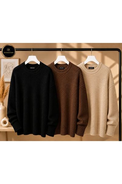 DepoExport Women's 3-Piece Crew Neck Oversize Knitwear Sweater Soft Knitted S...