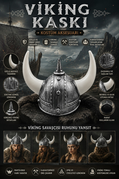 DODOMAR Viking Miğfer Şapka 3 Boynuzlu Gümüş Plastik Halloween Kostüm Parti S...