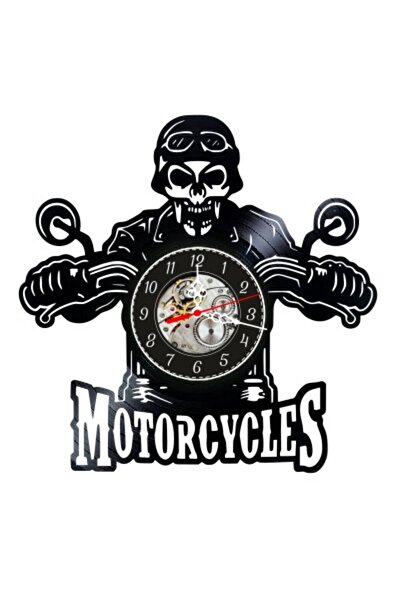 OEM Ceas de perete decorativ din disc de vinil, Model Craniu Motociclist, Ghi...