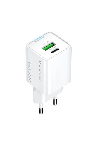 WOZINSKY WWC-35W GaN Φορτιστής Τοίχου 35W, USB-C + USB-A, Γρήγορη Φόρτιση, Λευκό