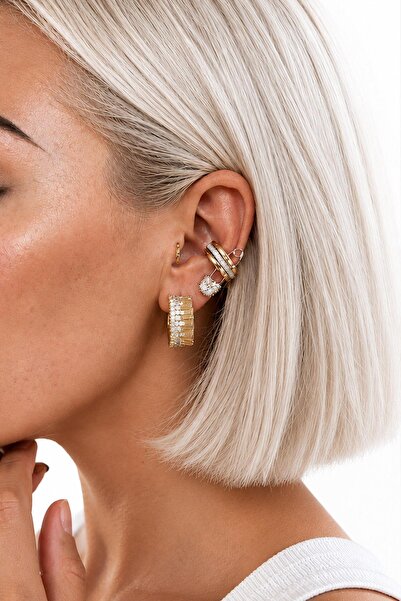 New Obsessions 3'lü Çengelli İğne Detaylı Kıkırdak Cuff Küpe