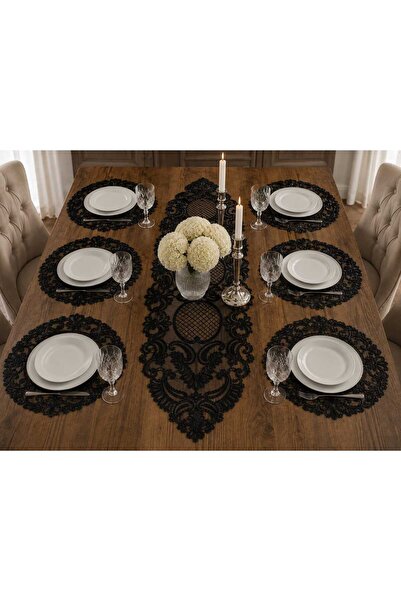 Lena Maison Black Tulle with French Lace Runner and Supla Set for 6 People wi...