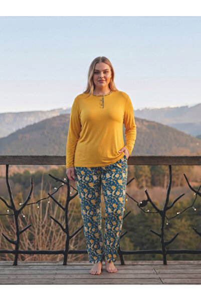 Büyük Beden Desenli Viskoz Kadın Pijama Takım
