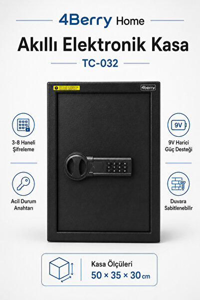 4 Berry TC-032 Akıllı Elektronik Kasa – Dijital Şifreli Güvenlik Kasası, Acil...