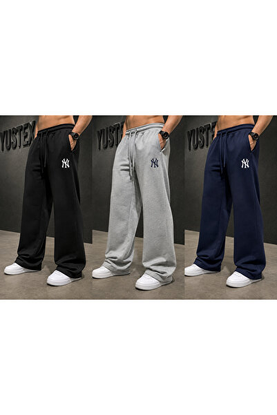 yx yustex sport 3'lü Erkek Baggy NY Baskılı Eşofman Altı (Siyah - Gri ve Laci...