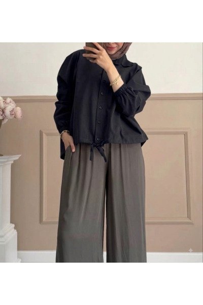 Bahar Altundemir Kadın Beli Büzgülü Oversize Düğmeli Crop Gömlek