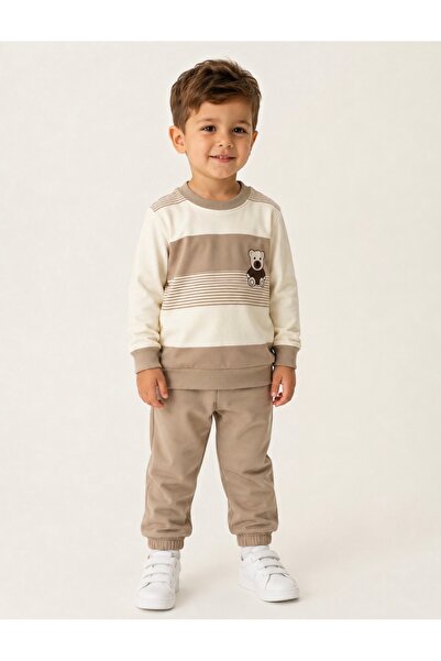 Melodikids Boy's Teddy Bear Printed Striped Seasonal Sweatshirt Tracksuit Set...