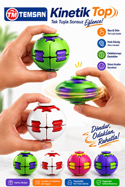 tmtemsan Kinetik Basmalı Dönen Top Tek Tuşlu Renkli Fidget El Oyuncağı