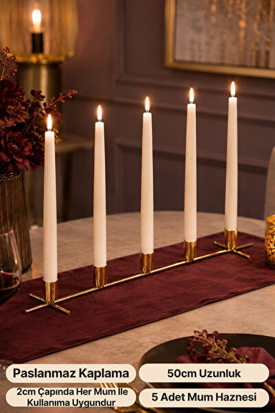 mba decor metal bending art Penta 5'li Şamdan Mumluk Masaüstü Gold Renk 50 cm, 2 cm Mum Uyumlu Yemek Masası
