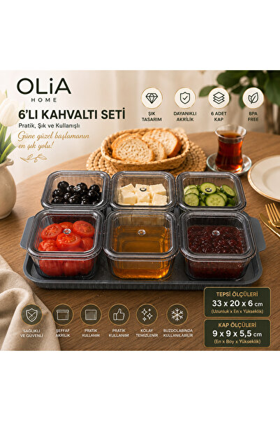 OLİAHOME 6’lı Füme Akrilik Kahvaltılık Seti Kapaklı Tepsili Kahvaltı Takımı 9...