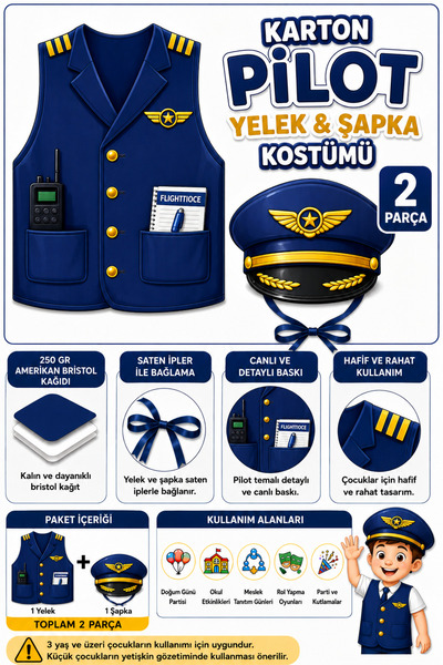 GREATOY Çocuk Pilot Kostümü Yelek ve Şapka 2 Parça Kalın Kağıt Meslek Kostümü...