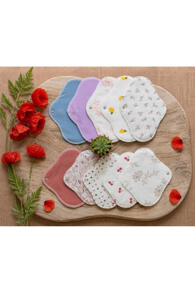 PurFem Washable Natural Women's Pads 10-Pack Mixed 100% Cotton (5S+5M)
