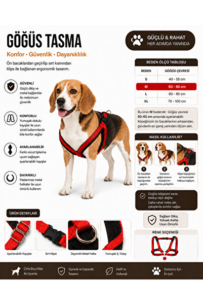 Baron Pet Köpek Göğüs Tasması Ayarlanabilir Yastıklı Dokuma Kırmızı - M Beden...