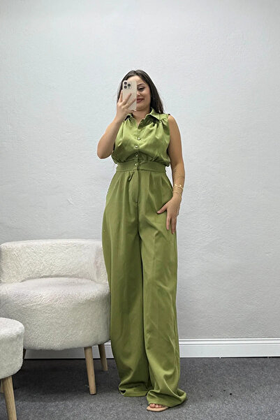 BELENDİR Kadın Drape Detaylı Gömlek Yaka Double Tulum Çağla