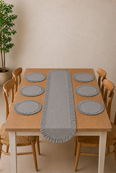 KaiHome Ruffle Detailed Linen 50 X 150 Runner & Placemat Set – 7 Piece Dowry ...