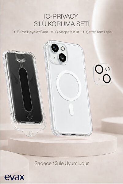 Evax [IC-PRIVACY SET] iPhone 13 Uyumlu Aparatlı Hayalet Cam, IC Sert Şeffaf S...
