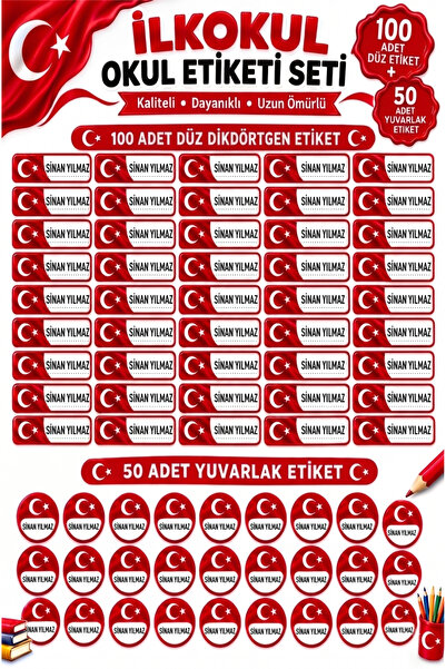 1001 sticker TÜRK BAYRAKLI KİŞİYE ÖZEL OKUL ETİKETİ SETİ