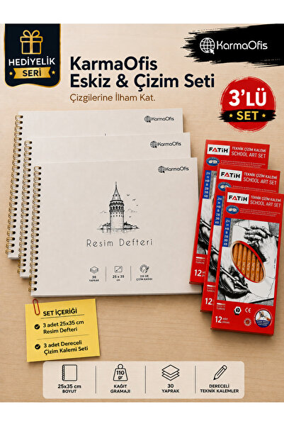 Fatih Sketch and Drawing Set 25X35 cm 110 Gr Drawing Notebook & 12 Graded Tec...