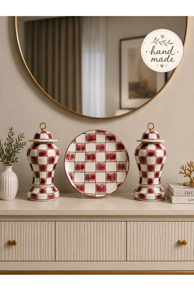 daiza home Tabaklı Salon Seti - Bordo Damalı Dekoratif Obje Tabak Şah Küp Gold