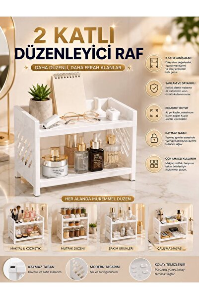 QesQin 2 Katlı Düzenleyici Raf Organizer Mutfak Banyo Makyaj Çalışma Masası Rafı