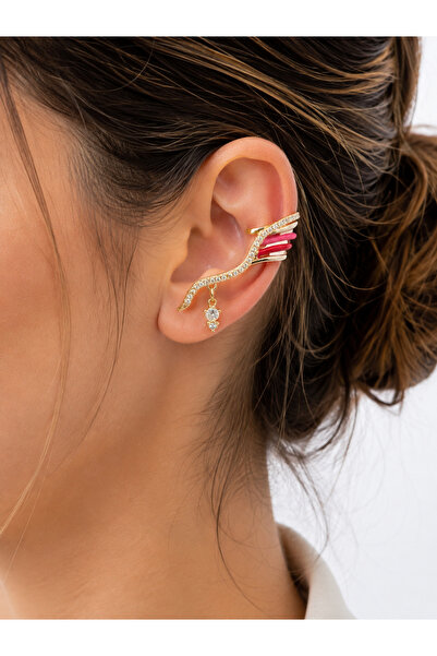 Lovecharm Gold Renk Pembe Kırmızı Taş Detaylı Kristal Taşlı Şık Kulak Manşeti