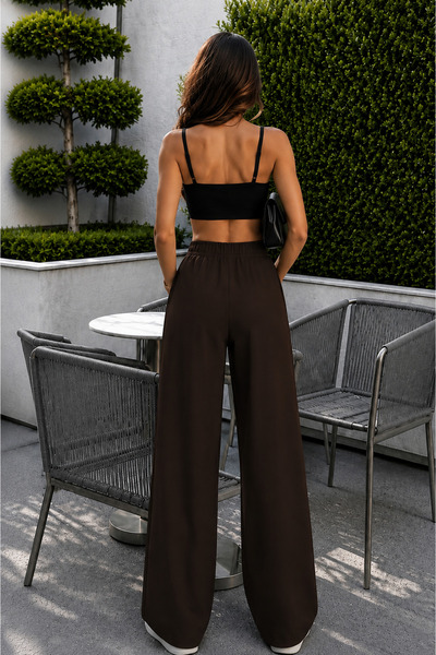 Sun Victoria Brown Palazzo Elastic Waist Trousers Oversize Original Cut