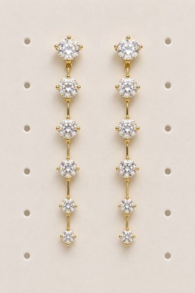 MARE BUTİK Long Dangle Gold Earrings with Row of Crystal Stones