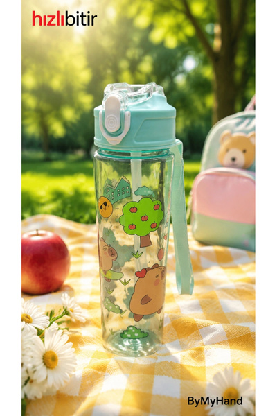 ByMyHand Yeşil Taşıma Kulplu Kilit Kapaklı Pipetli Suluk Okul Matarası 1000 Ml