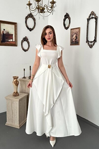 SEREMONİ BUTİK White Belted Ruffled Long Dress