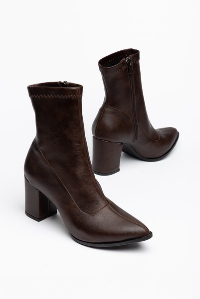 moda rees Women's Brown Leather Pointed Toe Stretch Heeled Boots Zipper Casual