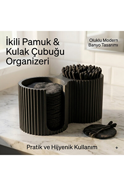 İkili Makyaj Pamuğu Ve Kulak Çubuğu Organizeri – Oluklu Tasarım Banyo & Makyaj Masası Düzenleyici